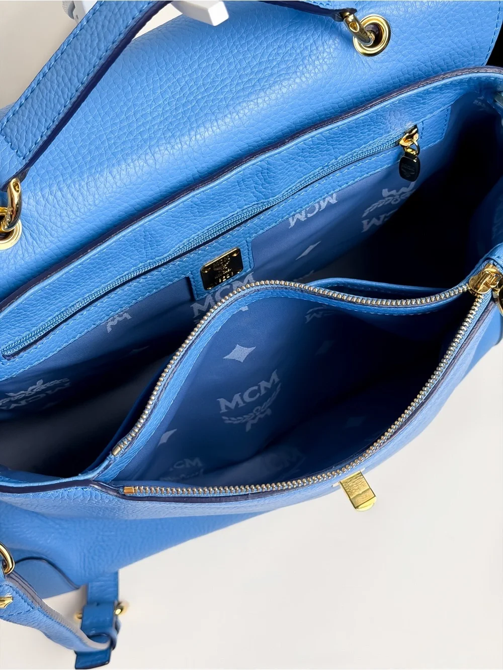 MCM First Lady Large Royal Blue Pebbled Leather Satchel Shoulder Bag